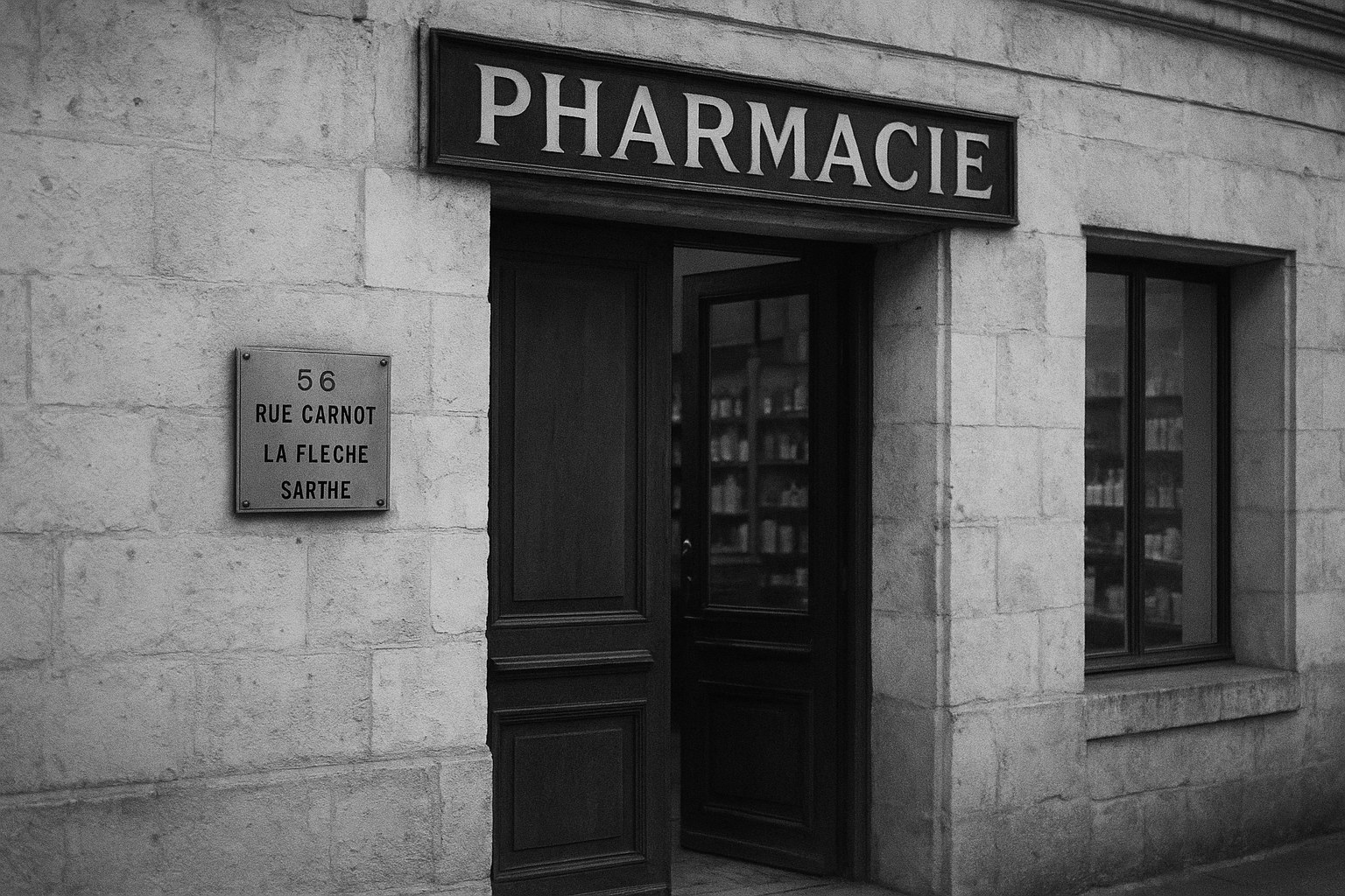 Vue de la pharmacie depuis la rue Carnot — porte entrebâillée.