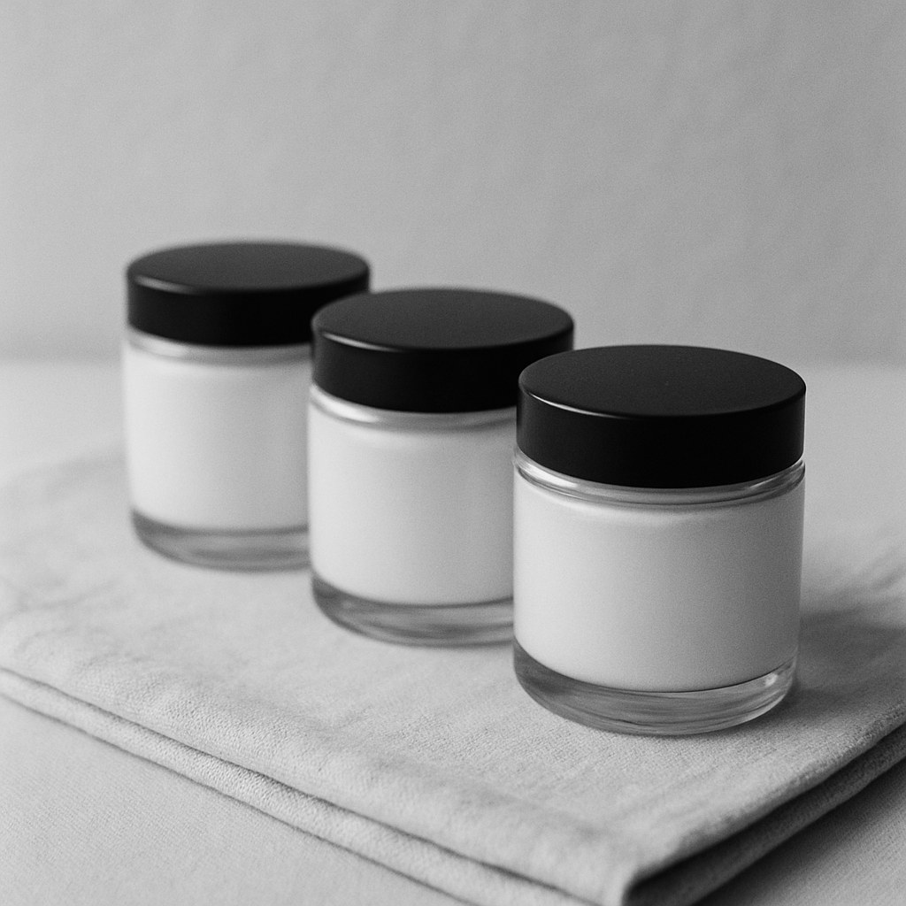 Trois pots de crème alignés sur un linge de coton écru.
