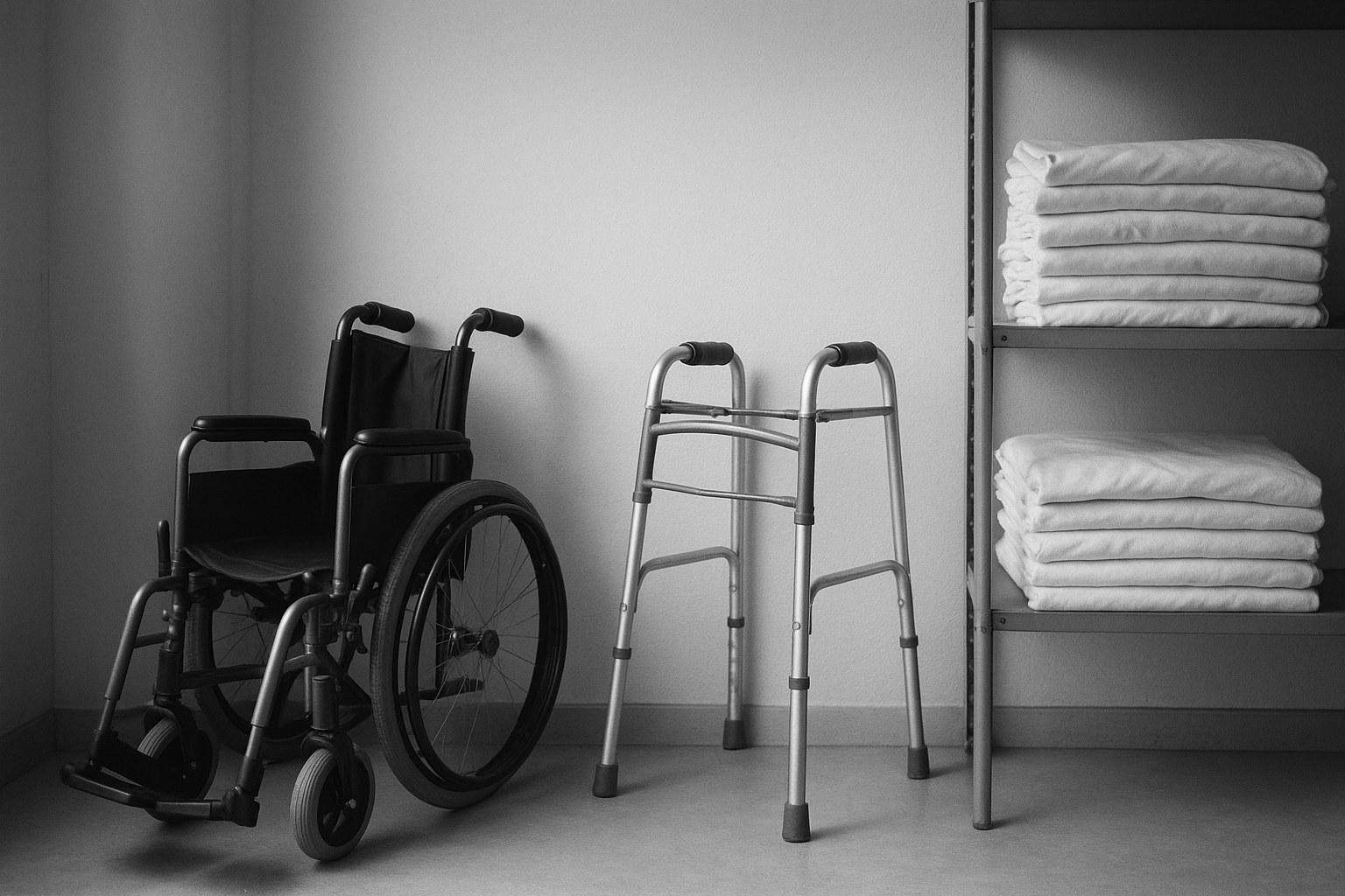 Magasin de location — fauteuil roulant plié, déambulateur, linge.
