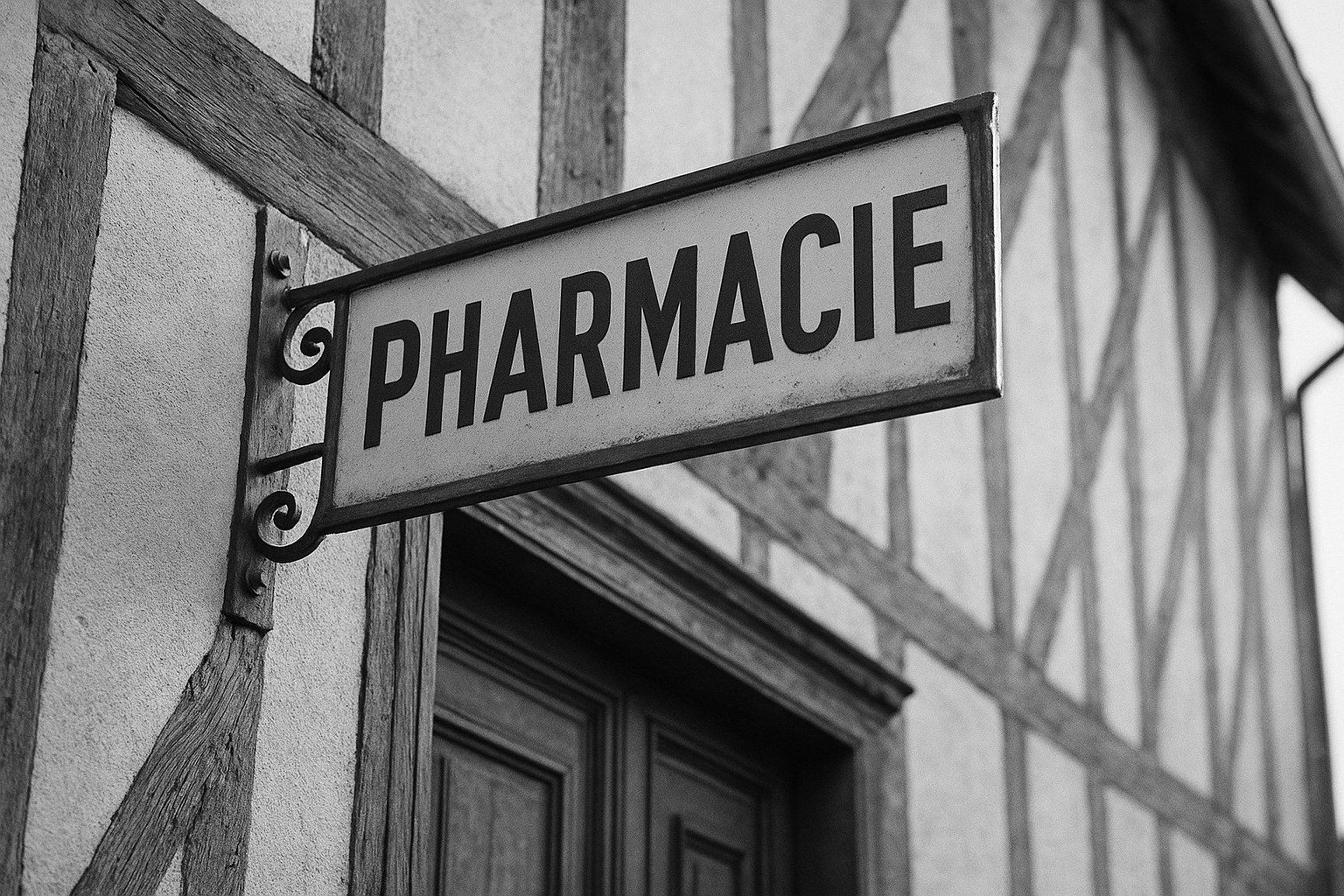 Le bandeau PHARMACIE au-dessus de la porte, contre-plongée.