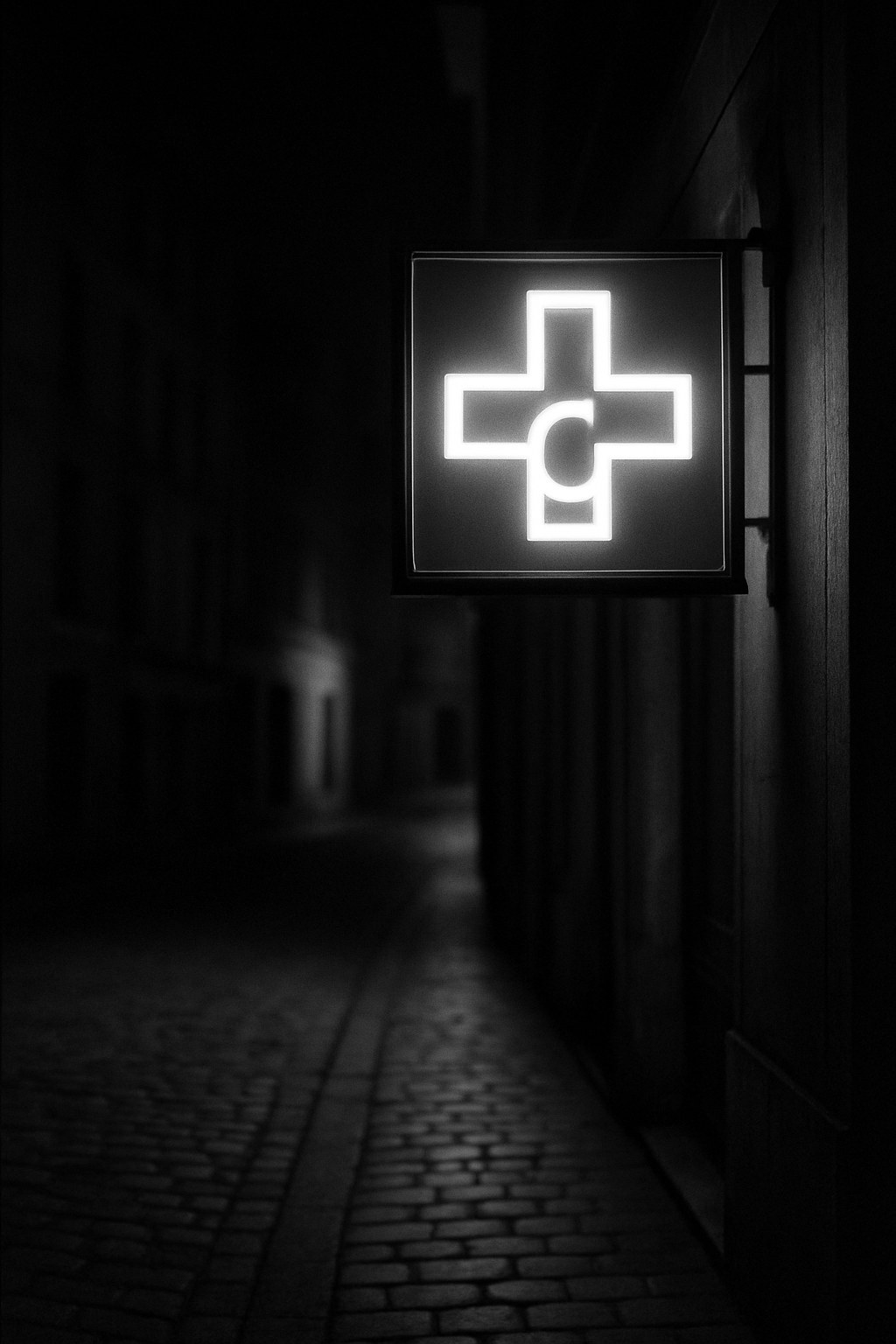 L'enseigne lumineuse de nuit, rue Carnot déserte.
