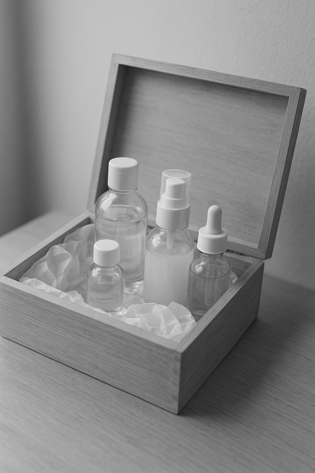 Coffret Weleda Mère-Enfant ouvert sur un bureau de bois clair.