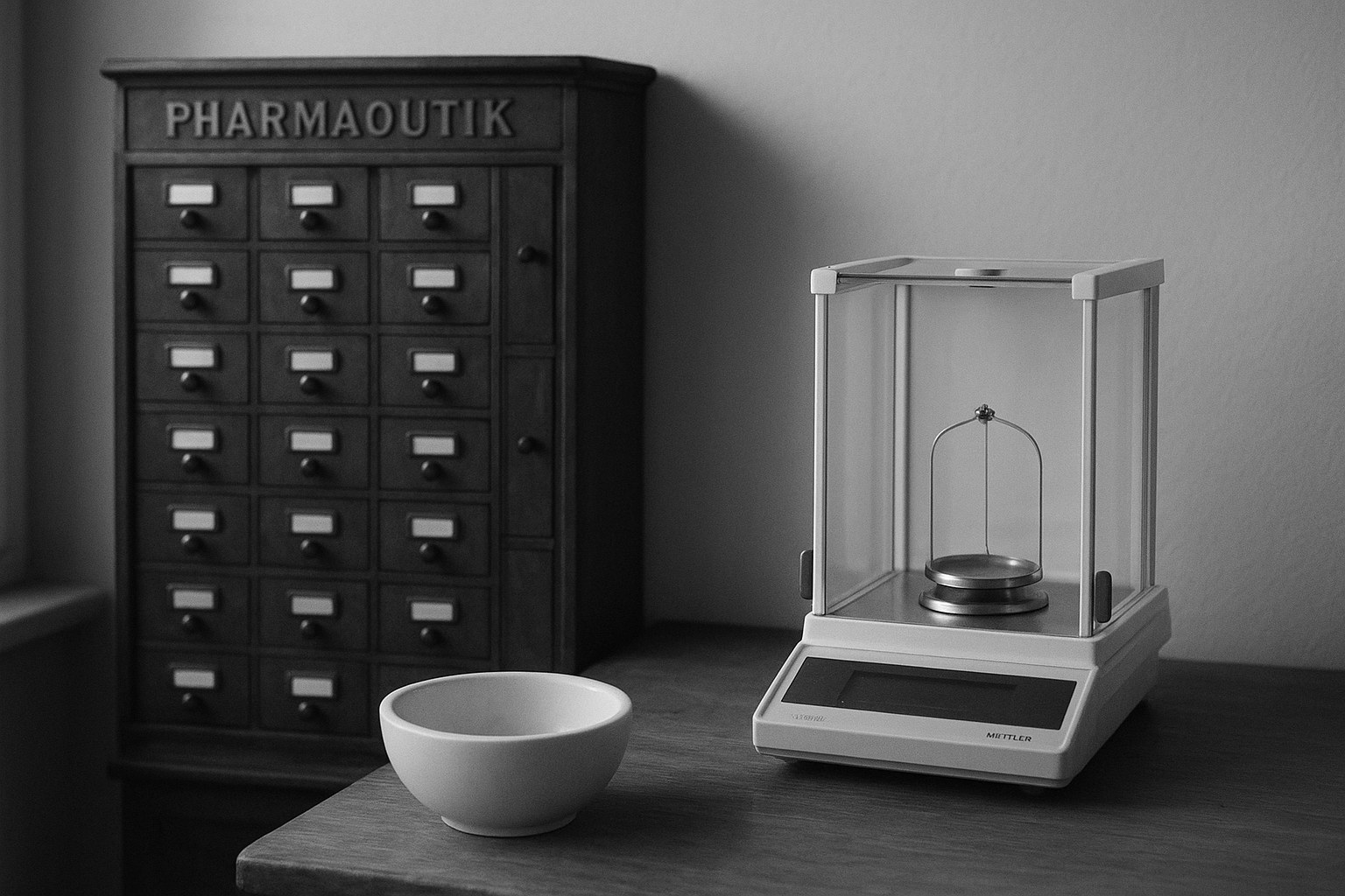 Arrière-boutique : caisson Pharmaoutik, balance, mortier en porcelaine.