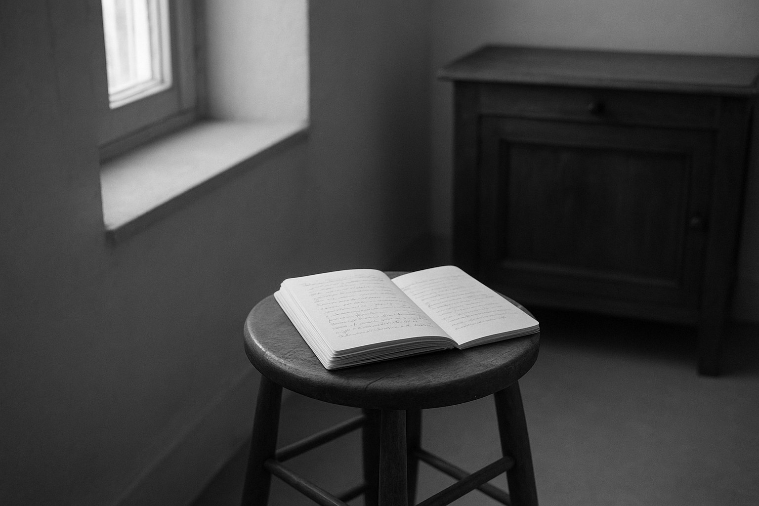 Salle d'aromathérapie : tabouret, cahier de prescriptions ouvert.