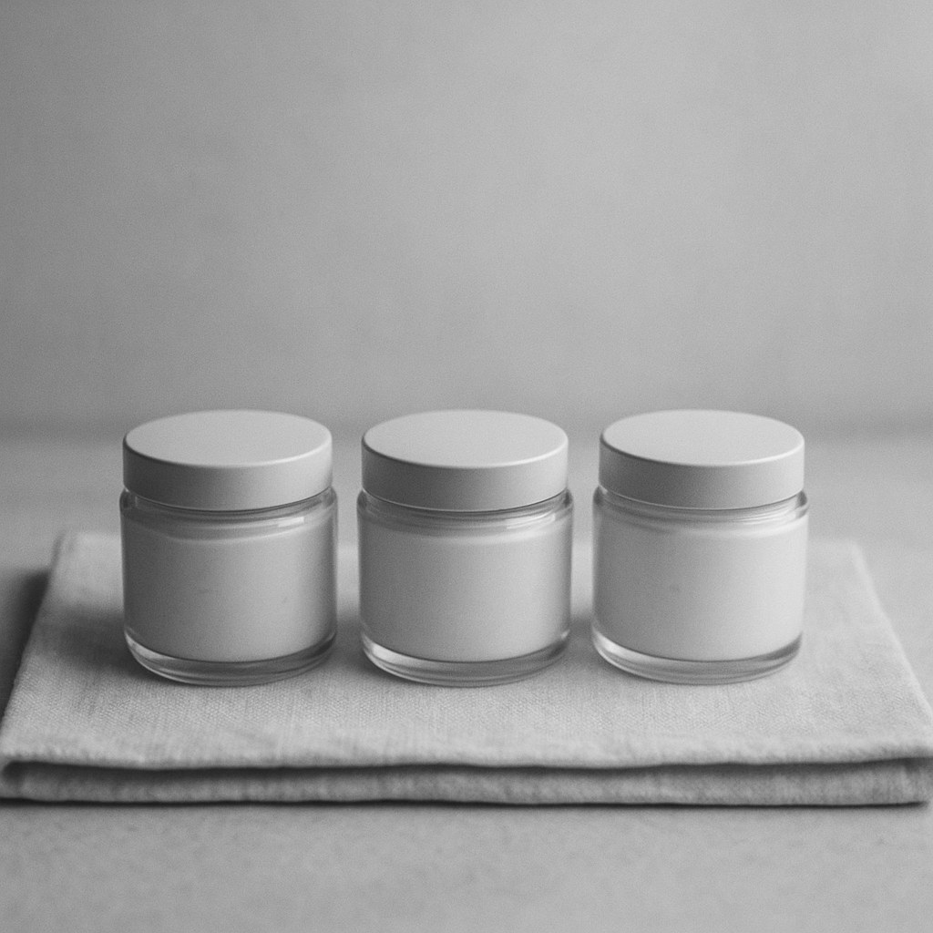 Trois pots de crème alignés sur un linge de coton écru.