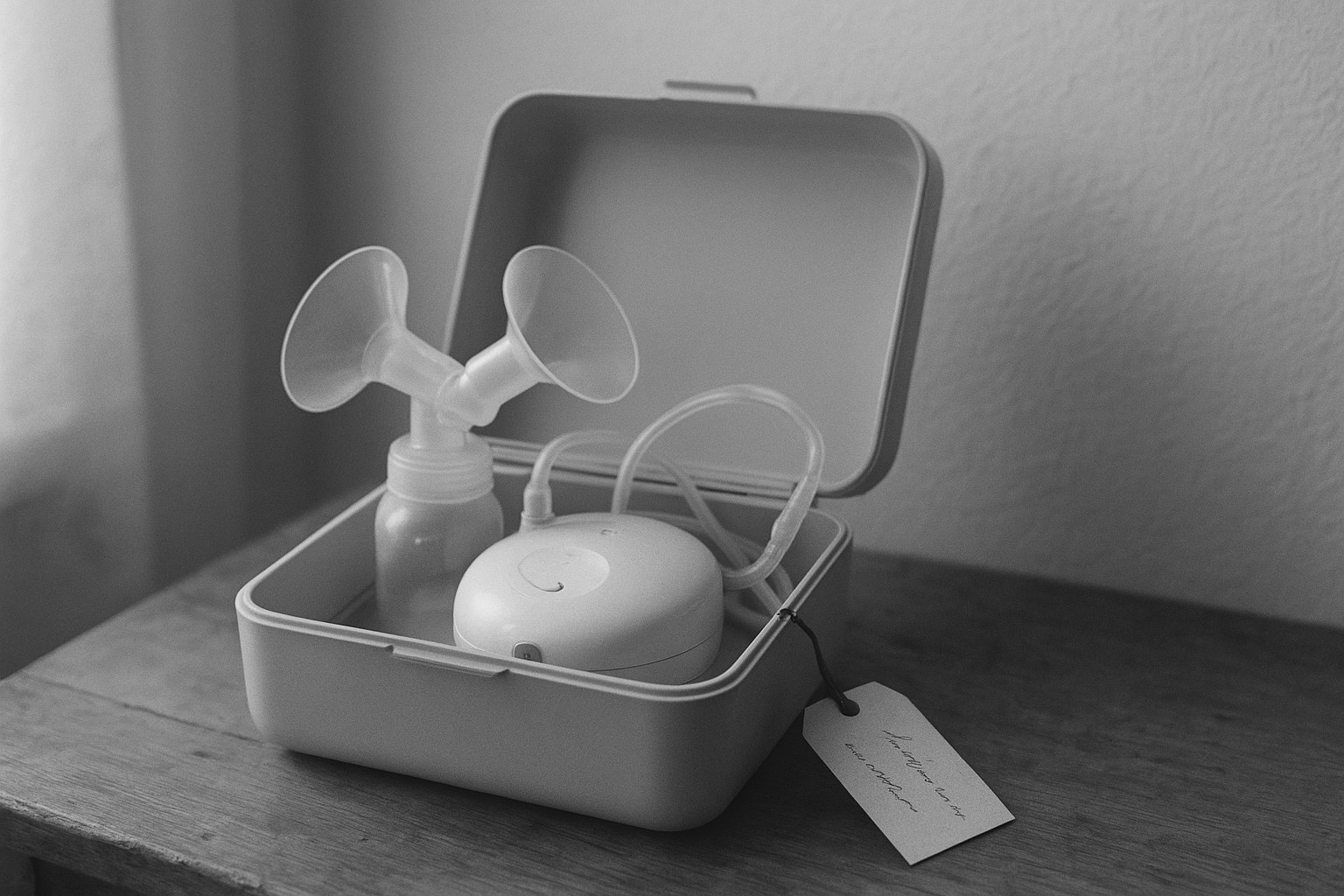 Un tire-lait Medela emballé prêt à la location, étiquette manuscrite.