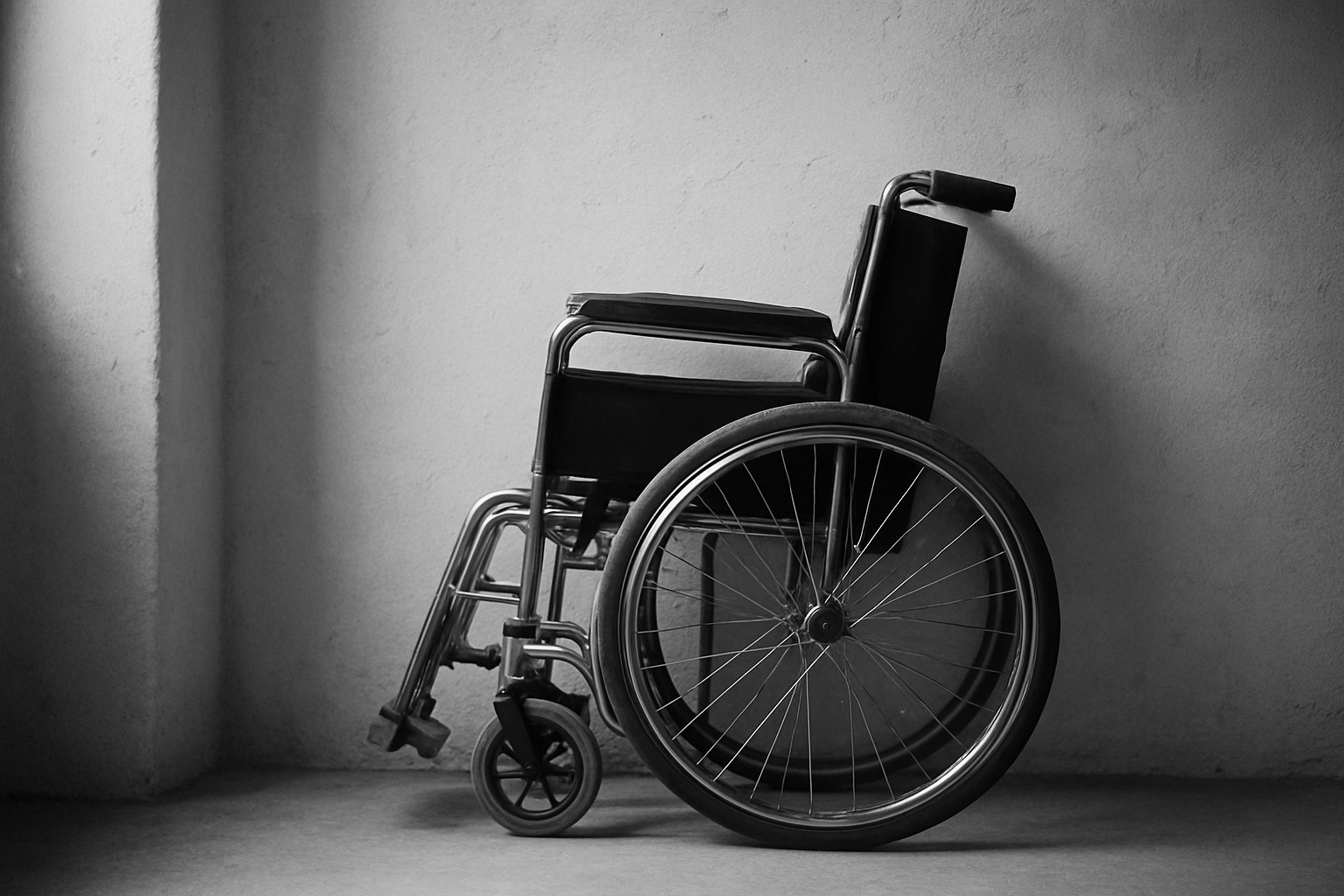 Un fauteuil roulant plié contre un mur de chaux écru.