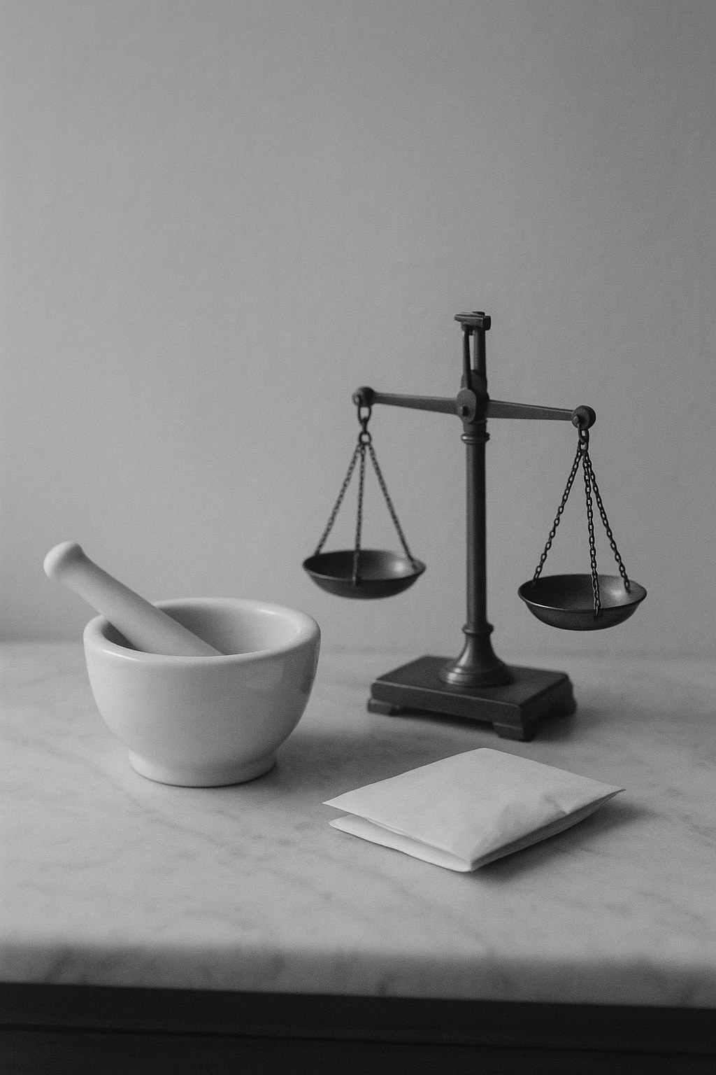 Plan de préparation : mortier en porcelaine, balance, marbre.