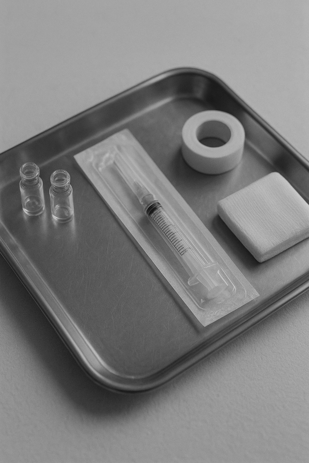 Plateau de vaccination préparé — flacons, seringue stérile, compresse.